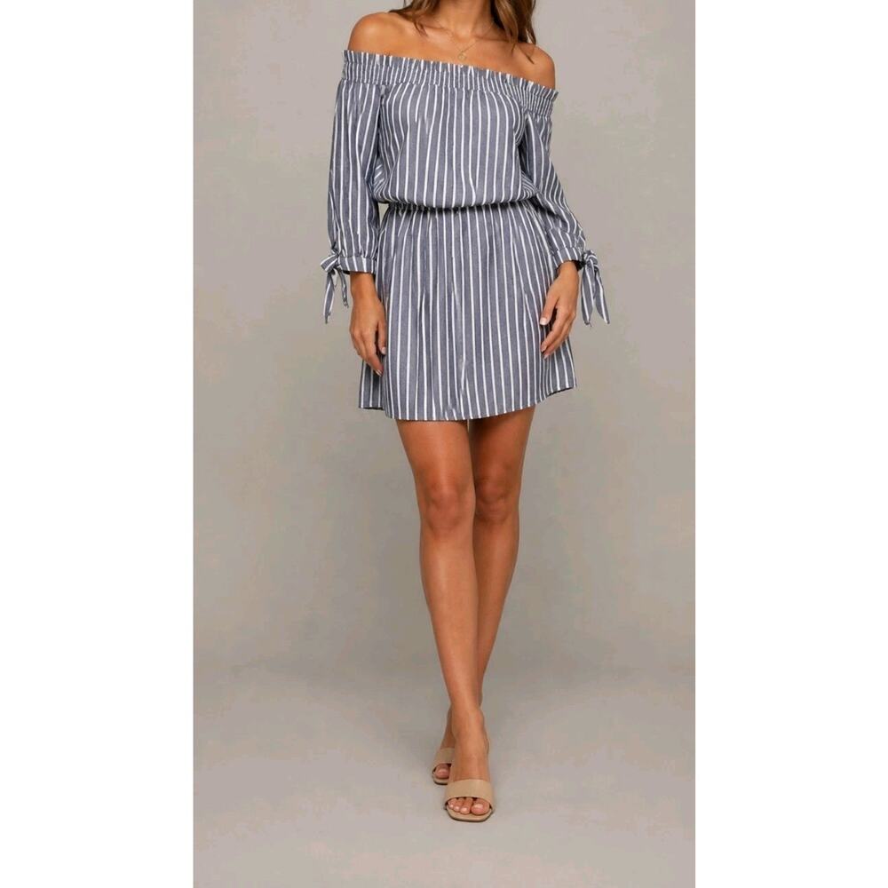 Jodi Kristopher Off The Shoulder Dress Womens M Blue Striped Beachy Summer Vibes